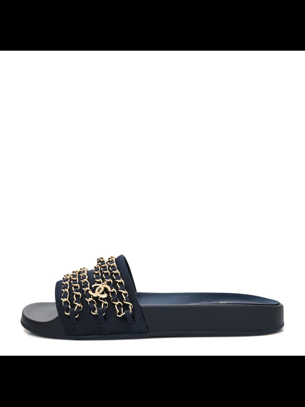 Chanel Navy Blue Slide Sandals With Gold Chain Trim